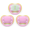 Avent 3-pack ultra air pacifiers for ages 6-18 months in quiet pink and butterfly design, featuring soft silicone teats.