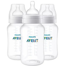 Three clear Avent anti-colic baby bottles, 11 oz, featuring measurement markings and nipples on the tops.