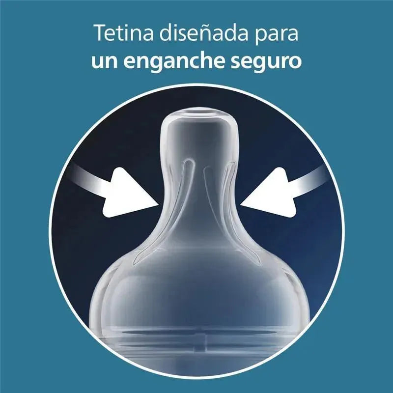 Tetina del biberón Avent diseñada para un enganche seguro, con flechas indicando la correcta alineación.