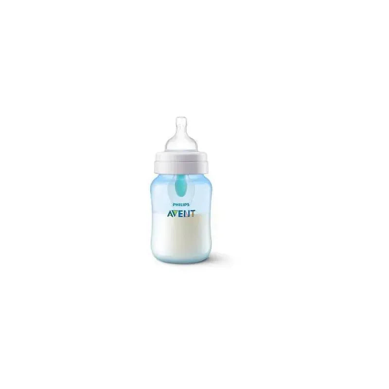 Avent 9oz anti-colic bottle in blue with Airfree vent, featuring a clear body and a white bottle cap.