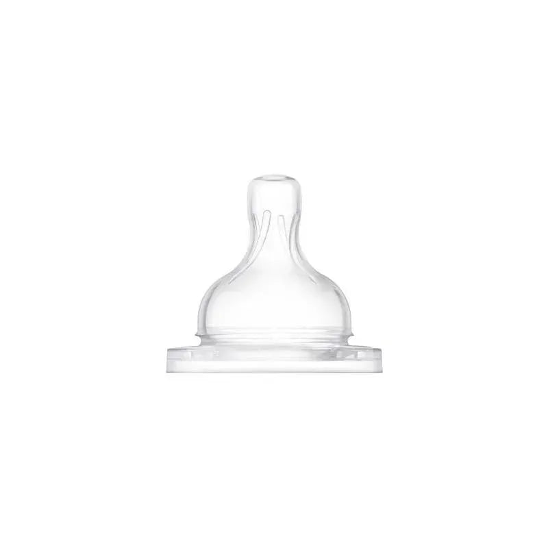 Clear anti-colic baby bottle nipple with a raised design for better airflow, designed for use with Avent bottles.
