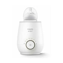 Philips Avent Fast Baby Bottle Warmer in white, featuring a temperature dial and a baby bottle with a nipple on top.