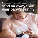 Mom gently feeds a baby from a Philips Avent natural baby bottle, highlighting the anti-colic valve feature.