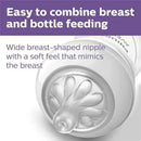 Avent Natural Baby Bottle focusing on a wide breast-shaped nipple designed to mimic the breast for easy feeding.