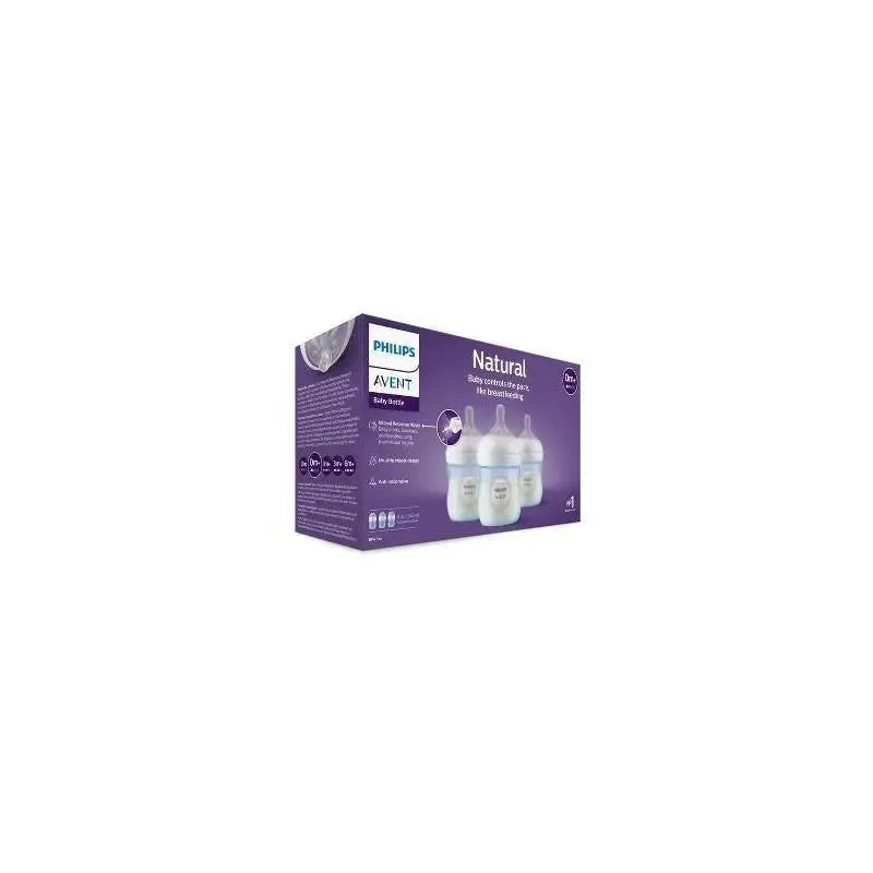 Three-pack of Philips Avent 4oz baby bottles with natural response nipples, displayed in a purple box.