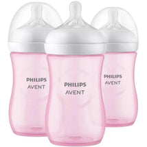 Three pink Philips Avent 9oz baby bottles with natural response nipples, designed for comfortable feeding.