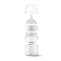 Philips Avent 2-pack Natural Response Nipple, Flow 1, shown disassembled with the nipple, collar, and bottle.