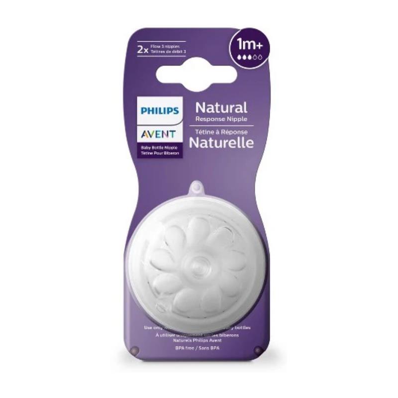 Avent 2Pk Natural Response Nipples in Medium Flow for ages 1M+, BPA free, displayed on packaging.