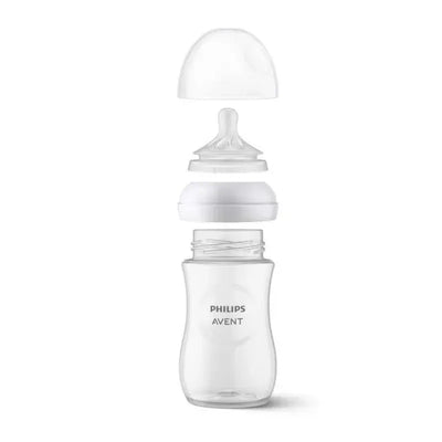 2-pack of Avent Natural Response Nipples, Flow 5, displayed with bottle components showing nipple, collar, and bottle.