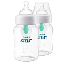 Philips Avent 2-pack anti-colic baby bottles, 9 oz, featuring a clear design, white lids, and teal Airfree vent.