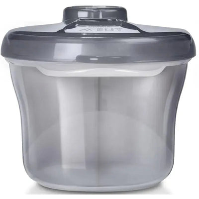 Avent Formula Dispenser & Snack Cup in grey, featuring a secure lid and transparent container for easy visibility.