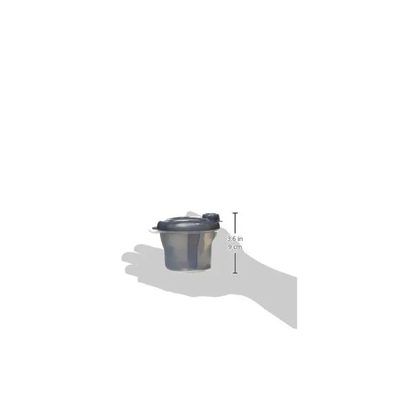 Avent formula dispenser and snack cup in grey, displayed in a hand with a height of 3.6 inches (9 cm).