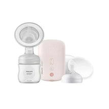 Single electric breast pump by Avent, featuring a clear bottle, pink control unit, and additional components for breastfeeding.