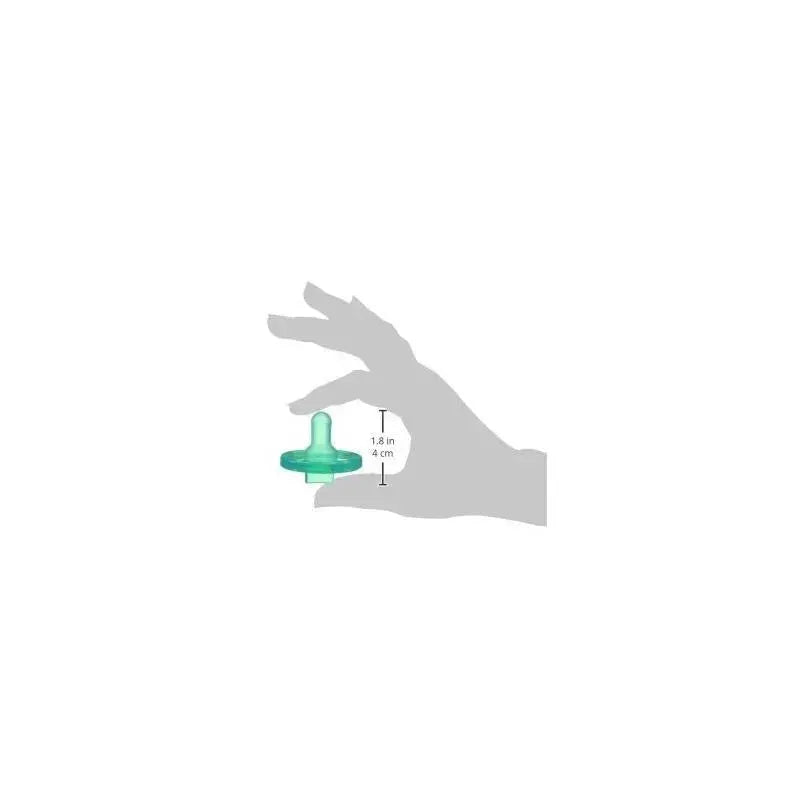 Green Avent Soothie pacifier, 3M+, held in a hand with a size reference of 1.8 inches (4 cm) alongside it.
