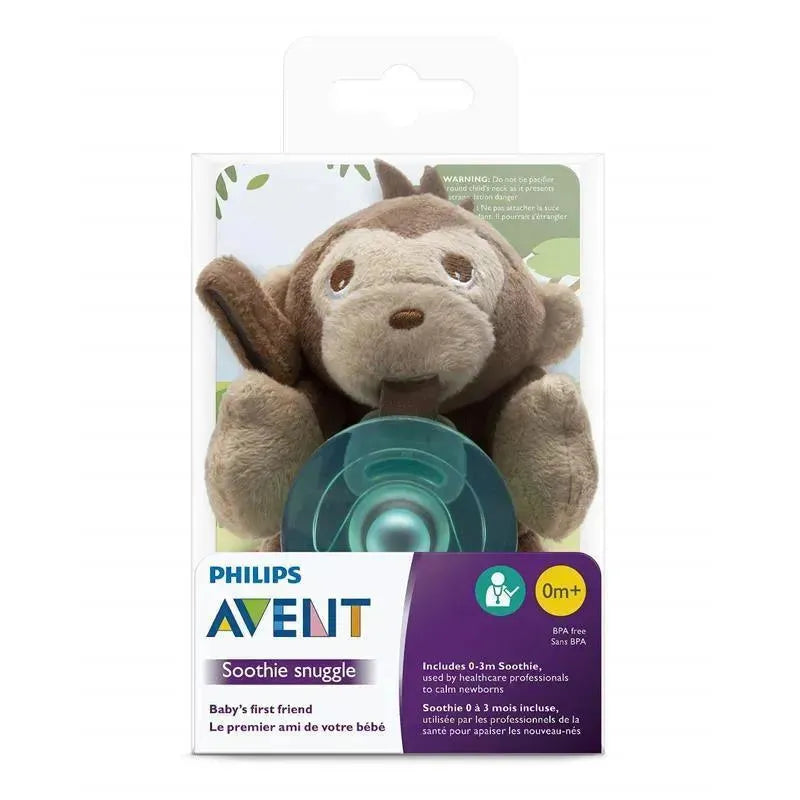 Avent Soothie Snuggle in monkey design, featuring a pacifier suitable for newborns, BPA-free, with calming benefits.