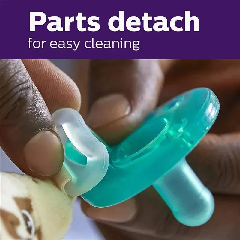 Avent Soothie Snuggle pacifier being detached for cleaning, highlighting its easy-to-clean design.