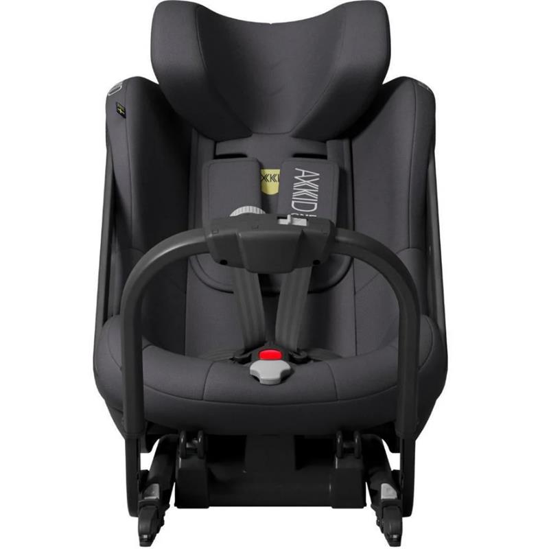 Axkid ONE 3 Extended Rear-Facing Car Seat in Arctic Mist Grey, featuring adjustable headrest, safety harness, and base.