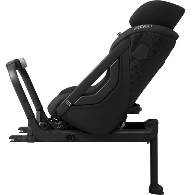 Axkid ONE 3 Extended Rear-Facing Car Seat in Coastal Storm Black, showcasing a sleek design with adjustable headrest and safety features.