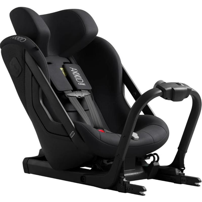 Axkid ONE 3 Extended Rear-Facing Car Seat in Coastal Storm Black, featuring safety harness and adjustable base.