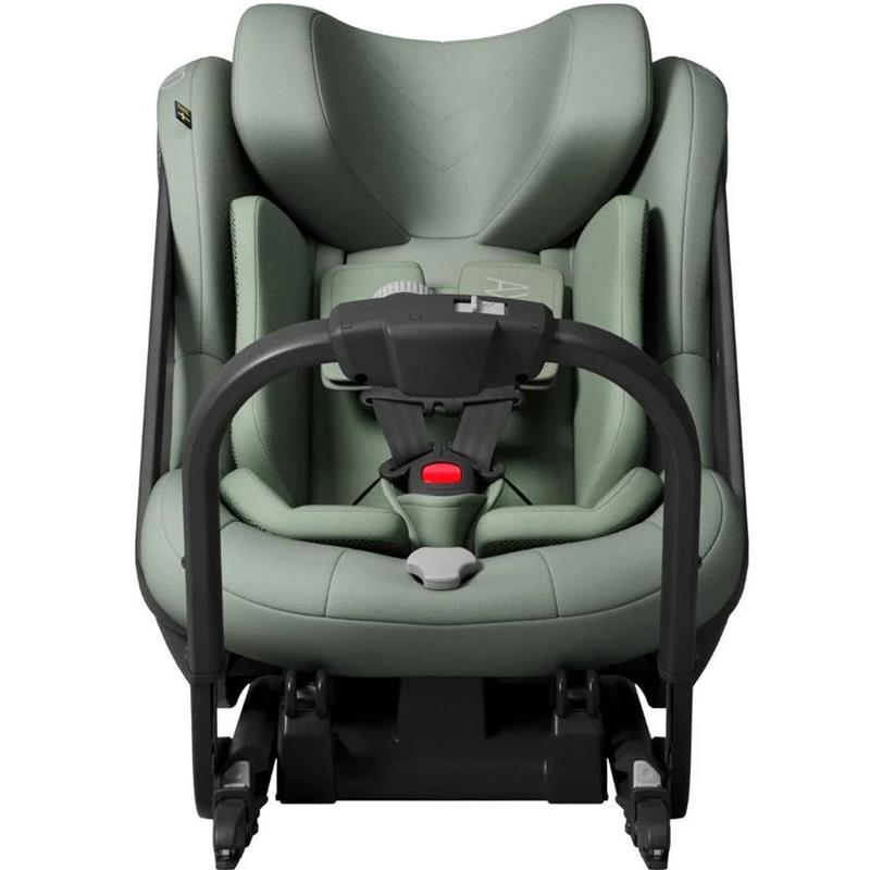 Axkid ONE 3 Extended Rear-Facing Car Seat in Nordic Bloom Green with a safety harness and base visible.