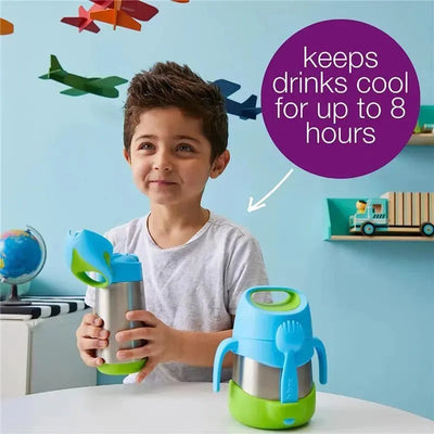 Blue slate insulated drink bottle held by a boy, highlighting its ability to keep drinks cool for up to 8 hours.