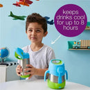 Blue slate insulated drink bottle held by a boy, highlighting its ability to keep drinks cool for up to 8 hours.