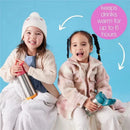 B.box 16.9Oz Lilac Pop insulated drink bottles held by two smiling girls, with a message about keeping drinks warm for up to 6 hours.