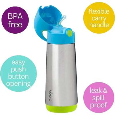 Insulated drink bottle by B.box, 16.9 oz, in Ocean Breeze. Features a blue lid, push-button opening, and flexible carry handle.