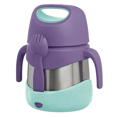 Lilac Pop insulated food jar by B.box, featuring a removable spork and a heat-retaining stainless steel interior.