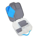 B.box lunchbox in blue slate with a divided interior, including a removable blue silicone insert and gray compartments.