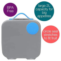 B.box Lunchbox in Blue Slate color, featuring a BPA-free design, large 2L capacity, and a flexible seal for fruit.