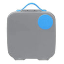 Blue slate lunchbox by B.box, featuring a gray exterior and blue handle, designed for children’s meals.
