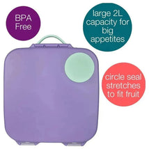 B.box Lunchbox in Lilac Pop, featuring a large 2L capacity, BPA-free material, and a circle seal for fruit.