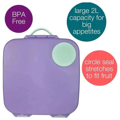B.box Lunchbox in Lilac Pop, featuring a large 2L capacity, BPA-free material, and a circle seal for fruit.