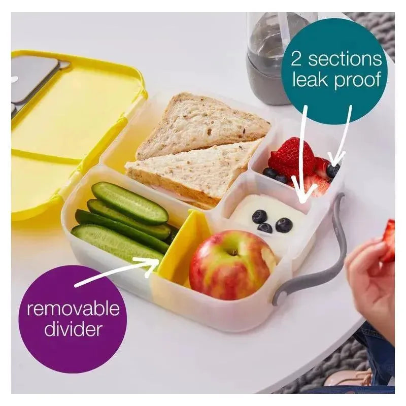 B.box Lunchbox in Ocean Breeze with removable divider, featuring cucumbers, apple, sandwiches, yogurt, and berries.