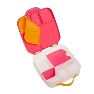 B.box Lunchbox in Strawberry Shake color, featuring four compartments, a pink and yellow design, and an easy-carry handle.