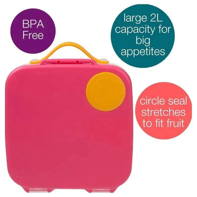 B.box Lunchbox in Strawberry Shake color with BPA-free material, a 2L capacity, and flexible circle seal for fruit.