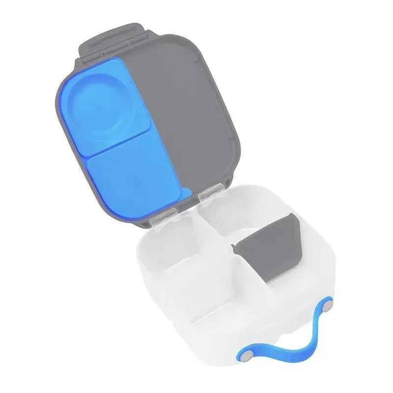 Mini Lunchbox B.box in blue slate with an open lid, featuring compartments for food storage and a handle for easy carrying.