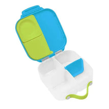Mini lunchbox in Ocean Breeze colors features a divided interior with a bright blue and green design.
