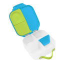 Mini lunchbox in Ocean Breeze colors features a divided interior with a bright blue and green design.