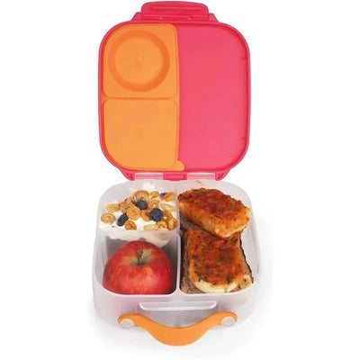 B.box Mini Lunchbox in Strawberry Shake color, featuring compartments with an apple, yogurt with granola, and two slices of savory food.