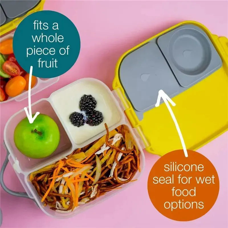 Mini Lunchbox in strawberry shake color, featuring sections for a whole apple, yogurt, blackberries, and noodles, with silicone seal noted.
