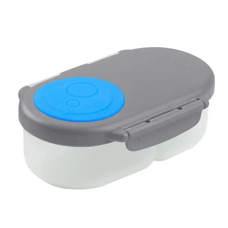 B.box Snackbox in Blue Slate with a gray lid, featuring a blue circular snap lid and transparent base. Ideal for snacks.