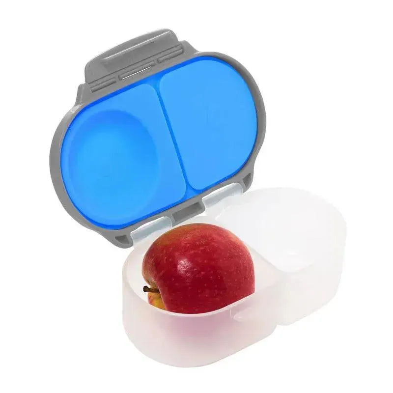 B.box Snackbox in Blue Slate, featuring a two-compartment design with a red apple inside one compartment.