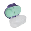 Snackbox Lilac Pop by B.box, featuring a two-compartment design with a lilac lid and mint green inserts for snacks.