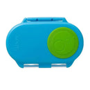 Bright blue B.box Snackbox with a green circular button, designed for conveniently storing snacks.