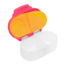 Snackbox B.box in Strawberry Shake design with a pink lid, featuring two compartments: one yellow and one clear.