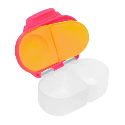 Snackbox B.box in Strawberry Shake design with a pink lid, featuring two compartments: one yellow and one clear.