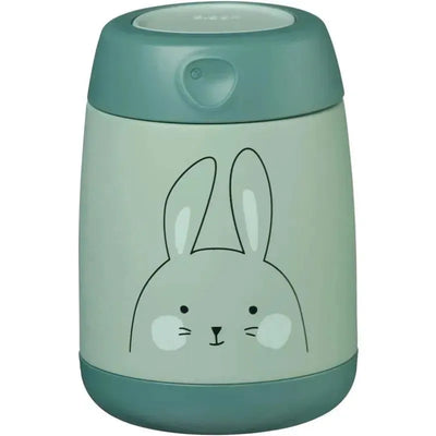 Insulated food jar in mint green featuring a cute bunny design, ideal for keeping meals warm or cold.