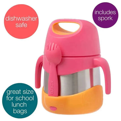 Insulated food jar by B.box in pink and orange, includes a spork, marked dishwasher safe, designed for school lunch bags.